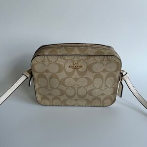Coach Mini Camera Bag Light Khaki‎ Chalk Canvas Leather Crossbody Excellent